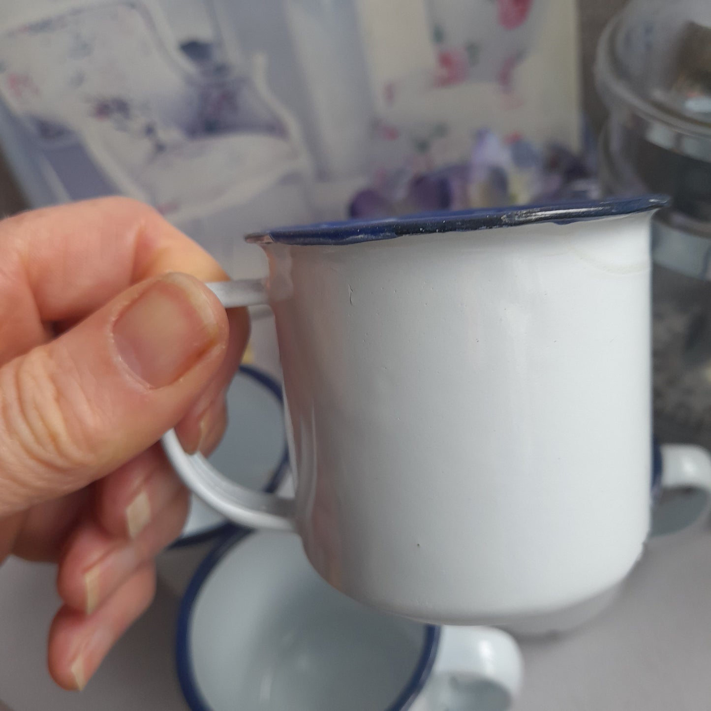 Set of 4 Blue & White Enamel Espresso Cups, Rustic Home Decor, French Interiors