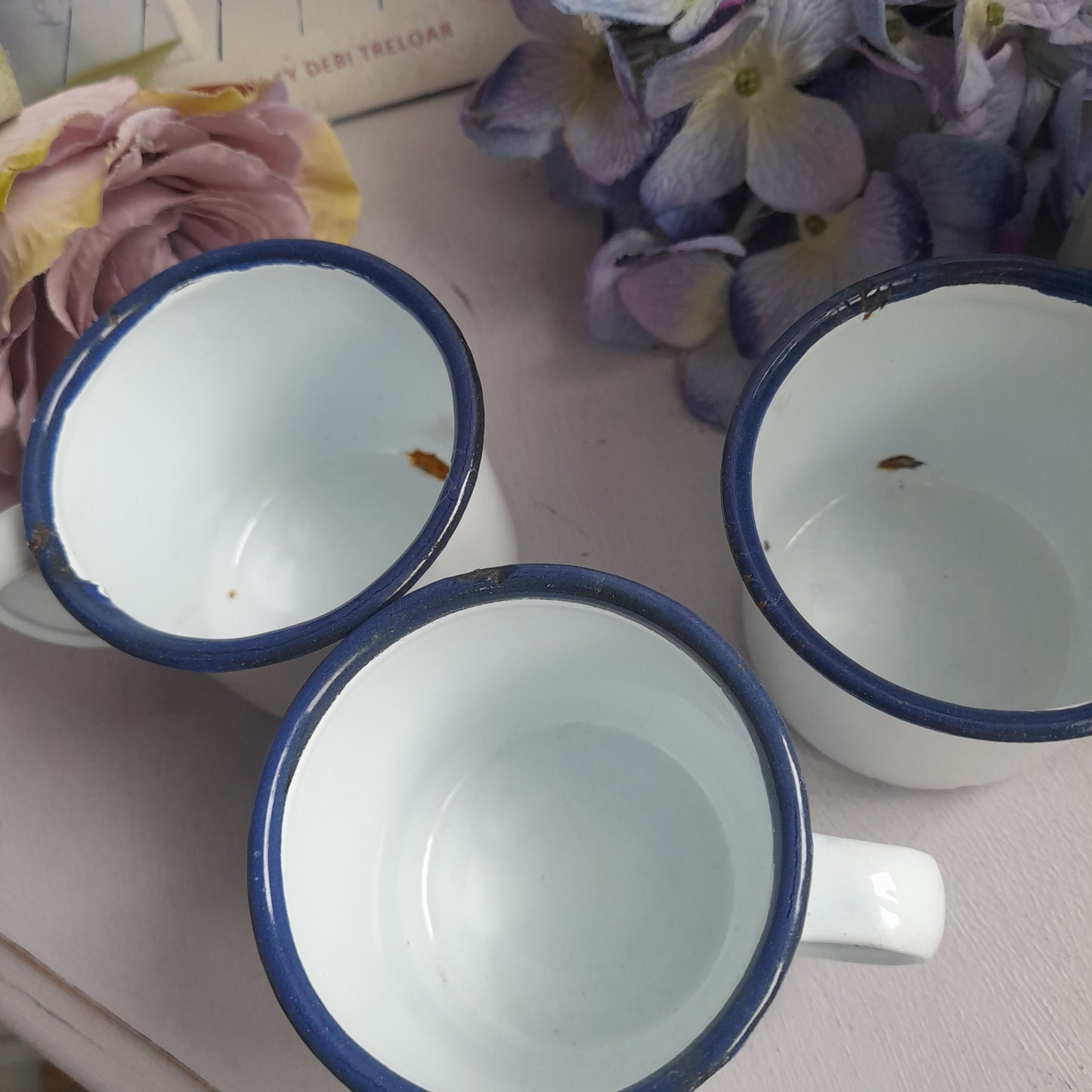 Set of 4 Blue & White Enamel Espresso Cups, Rustic Home Decor, French Interiors