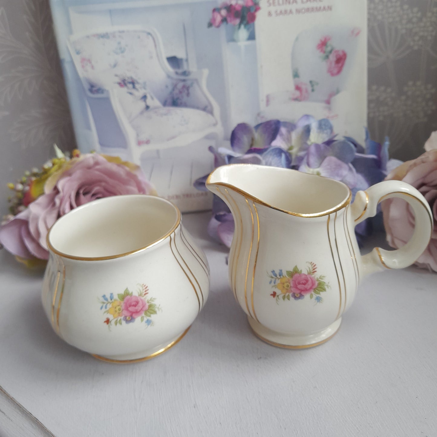 Darling Milk Jug & Sugar Bowl Set by Sadler With Pretty Flowers Gold Detail