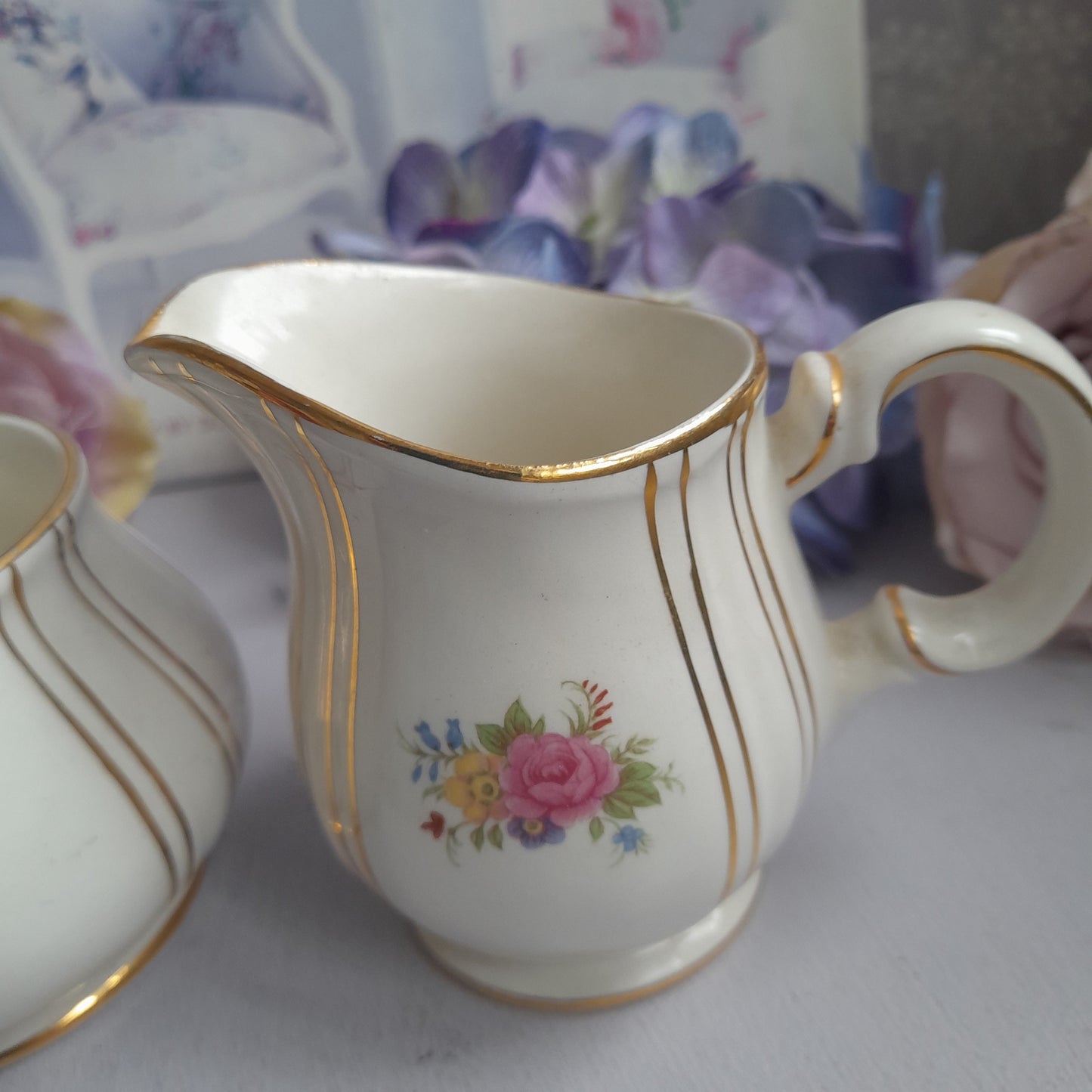 Darling Milk Jug & Sugar Bowl Set by Sadler With Pretty Flowers Gold Detail