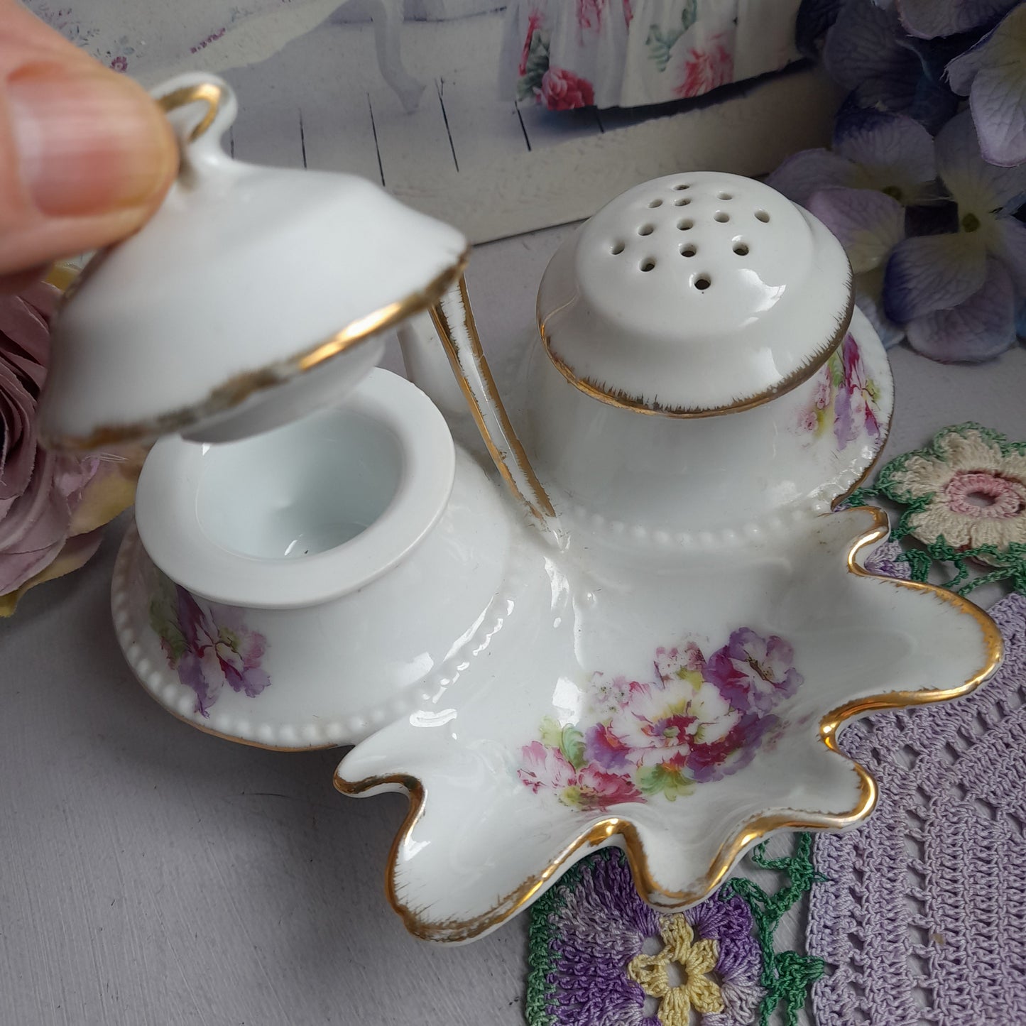 Darling Porcelain Cruet Set With Handle Salt Pepper Mustard Holder With Floral & Gold Detail