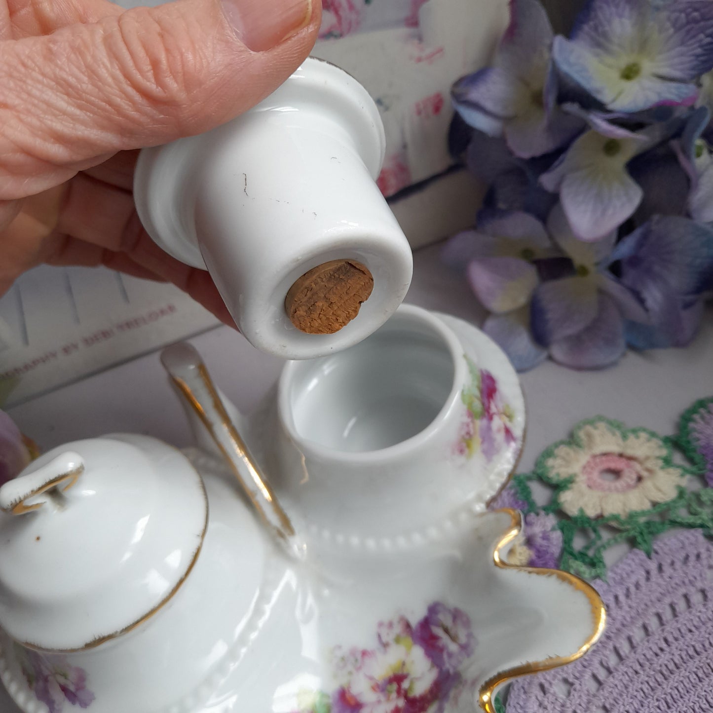 Darling Porcelain Cruet Set With Handle Salt Pepper Mustard Holder With Floral & Gold Detail