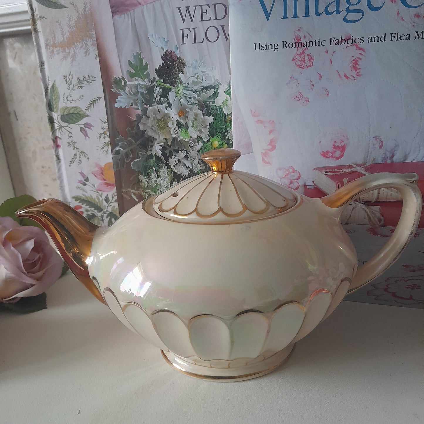 Art Deco SADLER Teapot Creamer & Sugar Bowl Teaset in Cream Lustre With Gold #2357