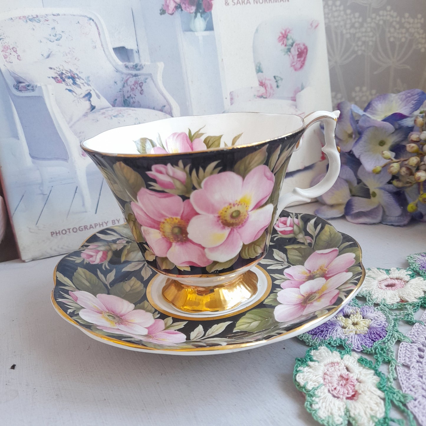 Rare Royal Albert Alberta Rose Cup & Saucer With Pretty Black Pink Flowers