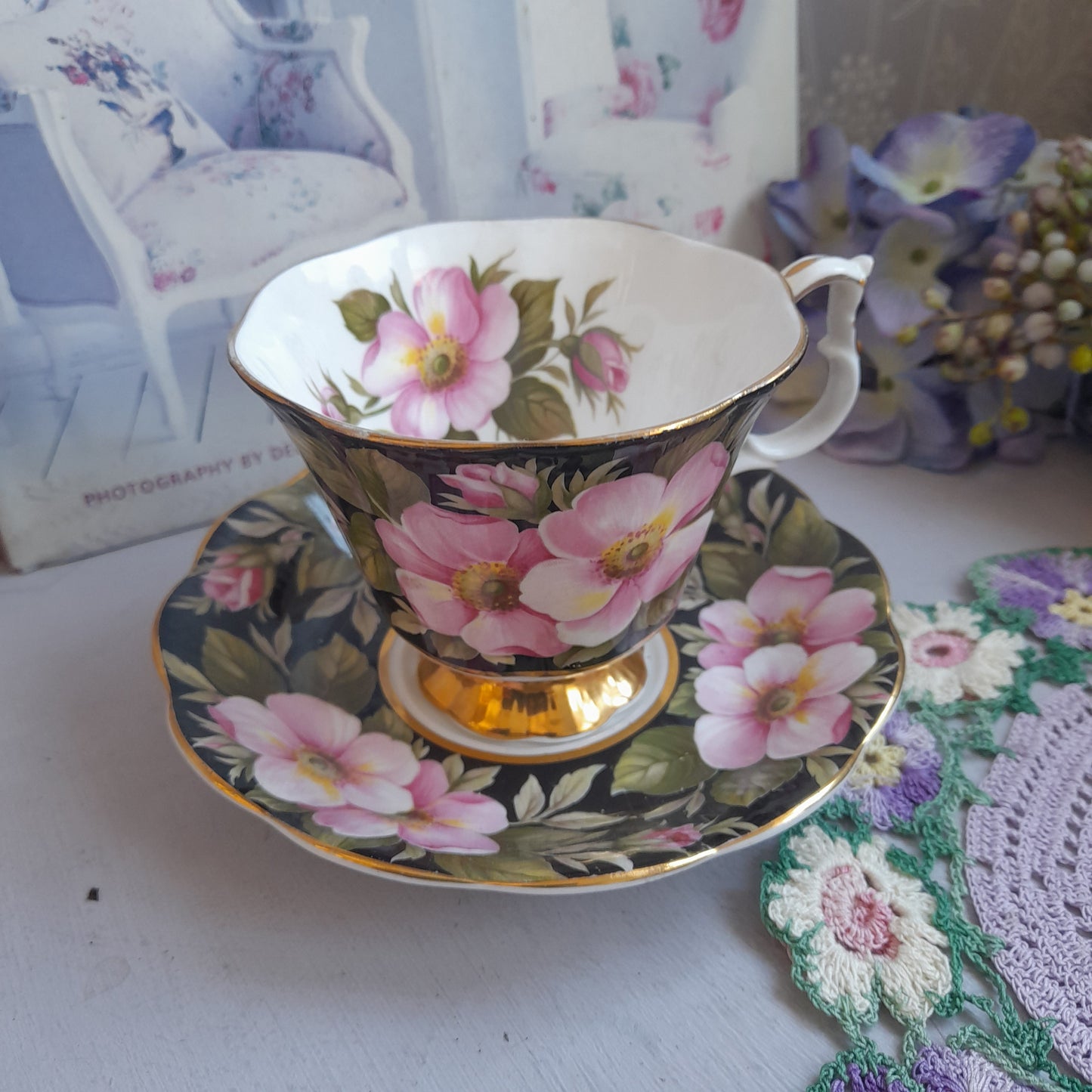 Rare Royal Albert Alberta Rose Cup & Saucer With Pretty Black Pink Flowers