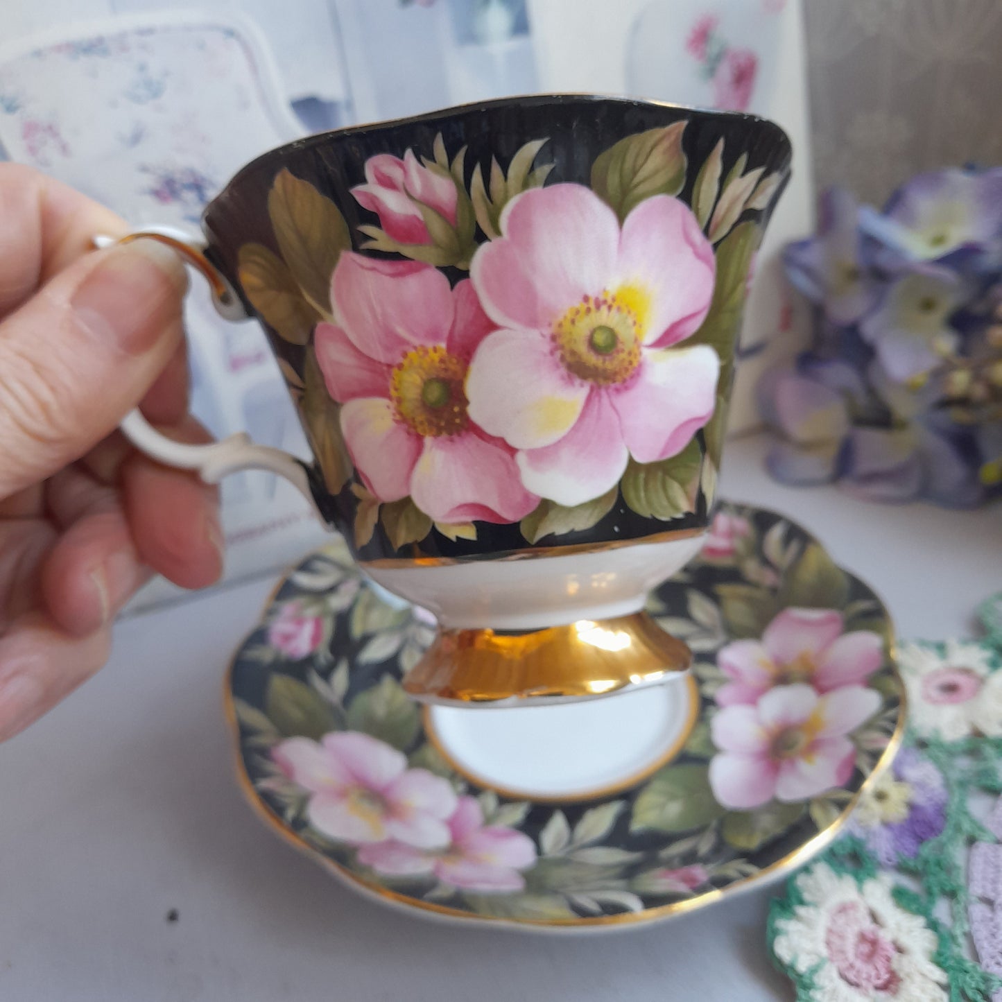 Rare Royal Albert Alberta Rose Cup & Saucer With Pretty Black Pink Flowers