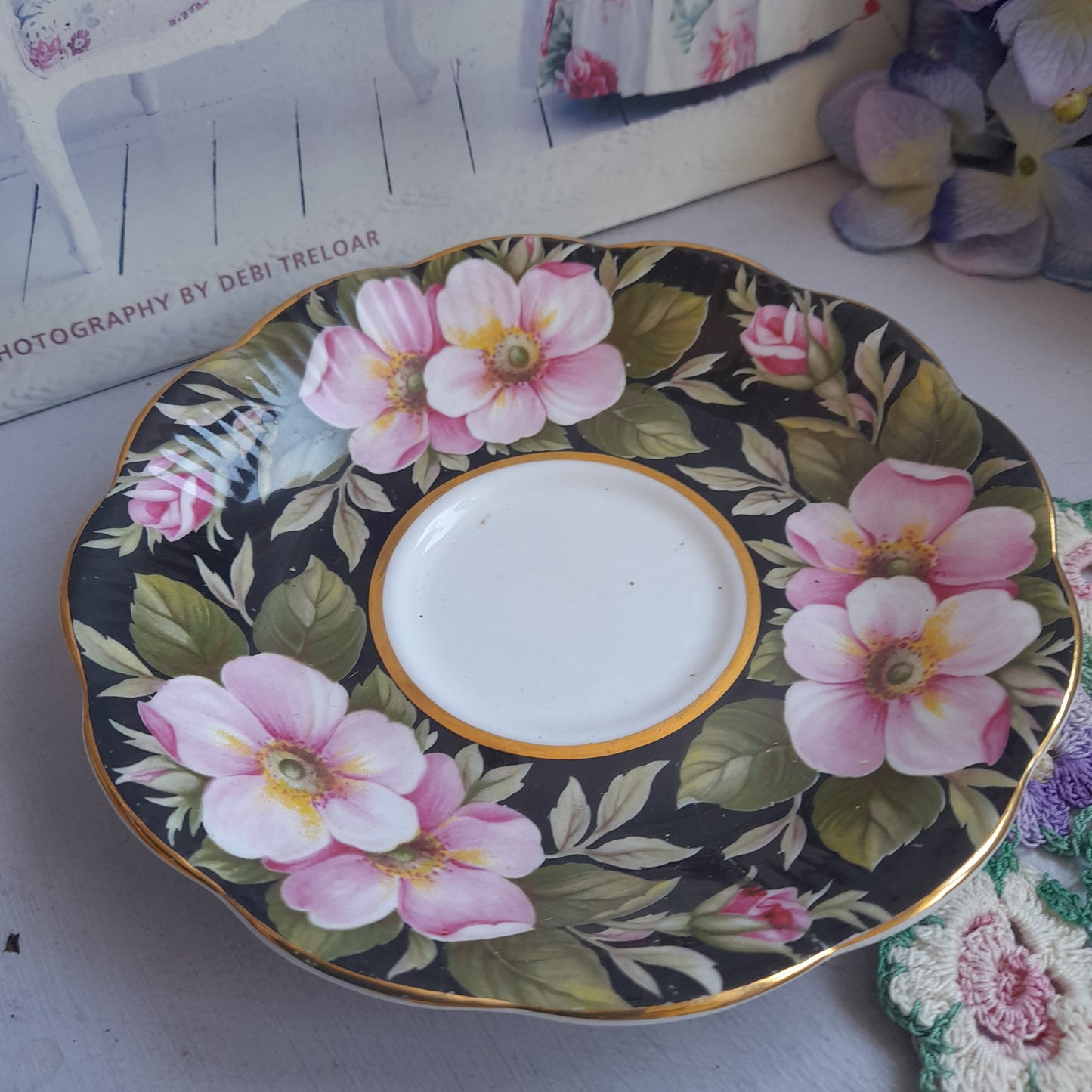 Rare Royal Albert Alberta Rose Cup & Saucer With Pretty Black Pink Flowers