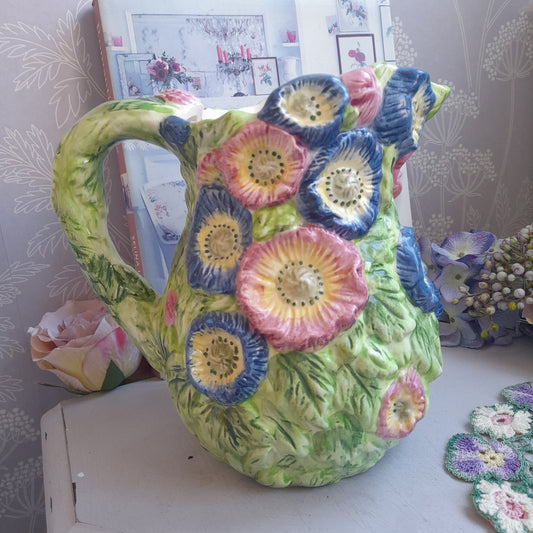 Majolica Handpainted Jug With Raised Relief Flowers in Pinks Blues & Greens 8 inches
