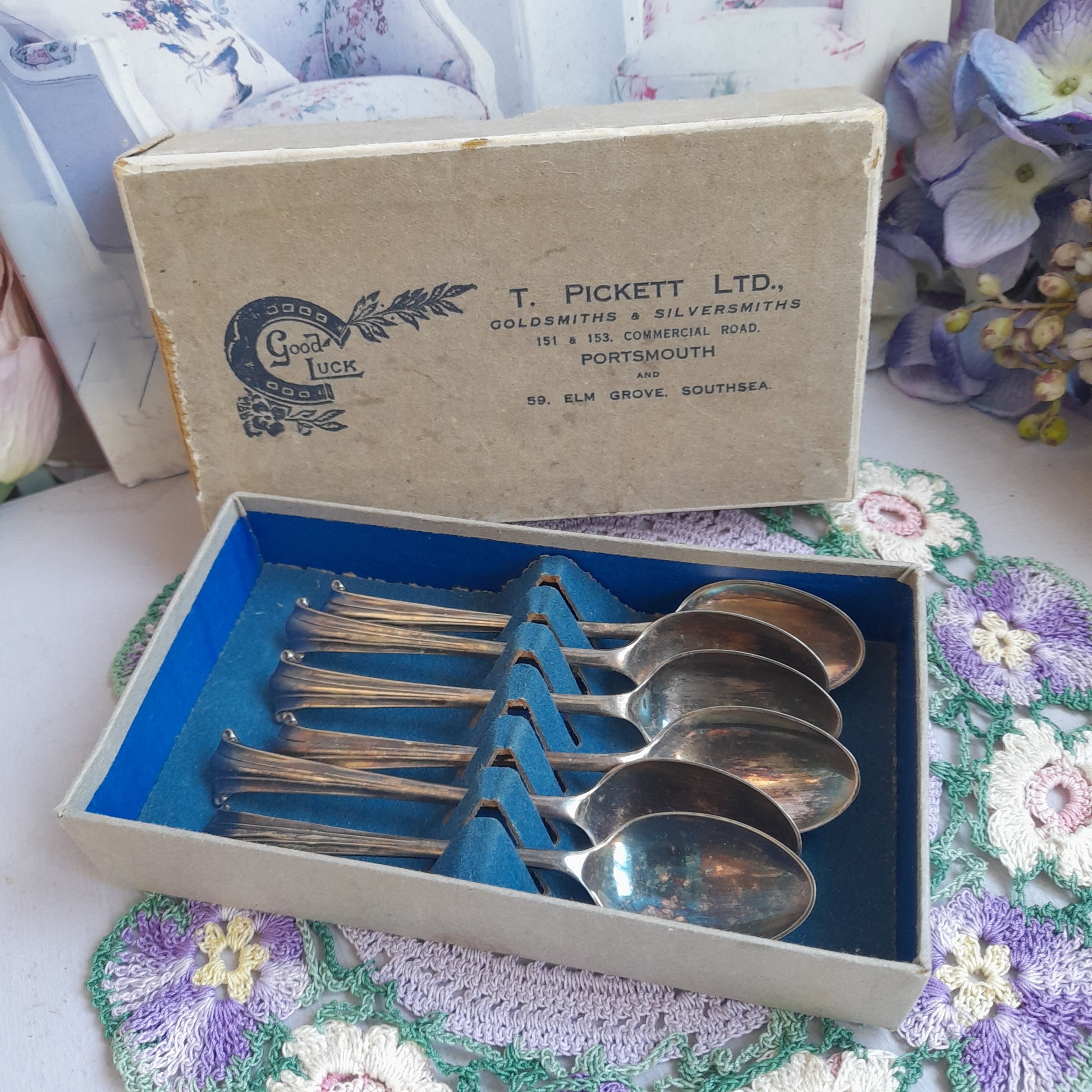 Darling Set of 6 Victorian Scroll Silver Teaspoons in Original  GOOD LUCK Box