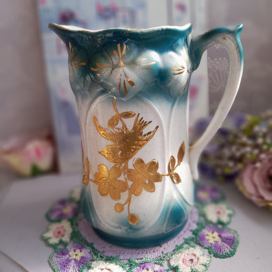 Art Nouveau Jug in Teal With Gold Swift & Blossom Hand Painted to Front