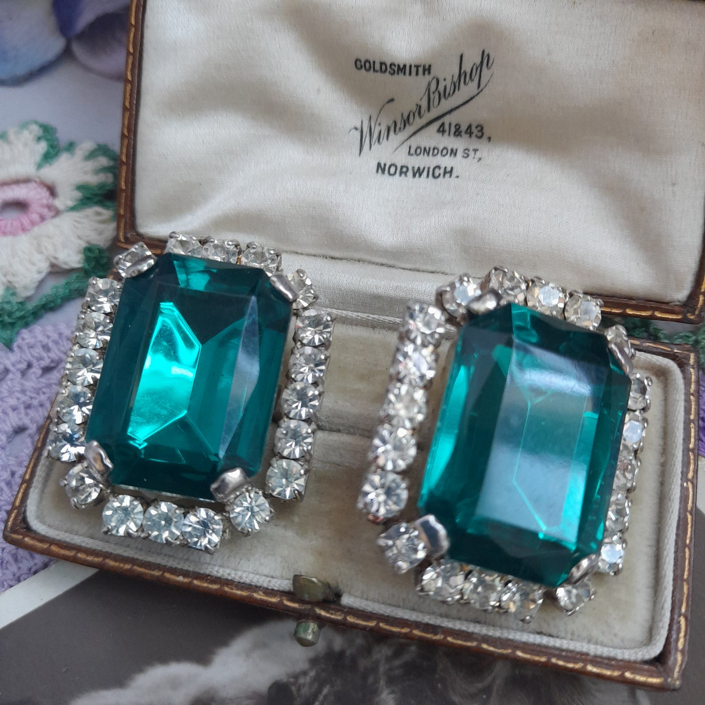 Art Deco Large Vintage Emerald Green & Crustal Rectangular Statement Clip On Earrings