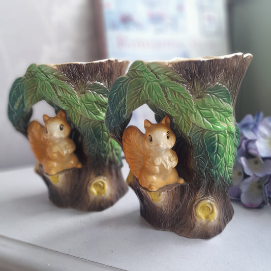 Darling Pair of HORNSEA Squirrel & Tree Jugs, Set of 2 Fauna Woodland Bud Vases in Design 75