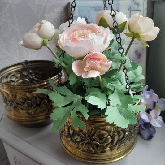 Darling Pair Vintage Hammered Brass Hanging Planters