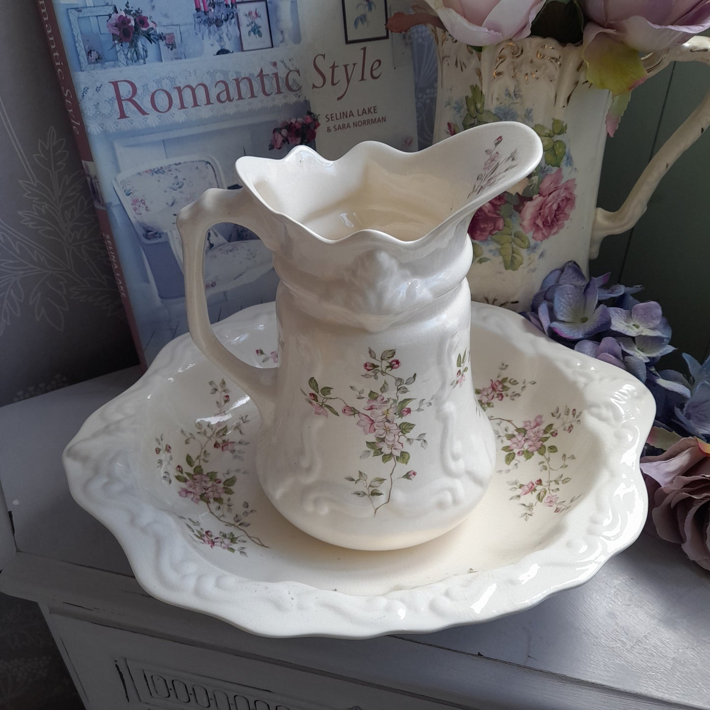 Victorian Small Ironstone Jug & Bowl With Pink Roses Detail