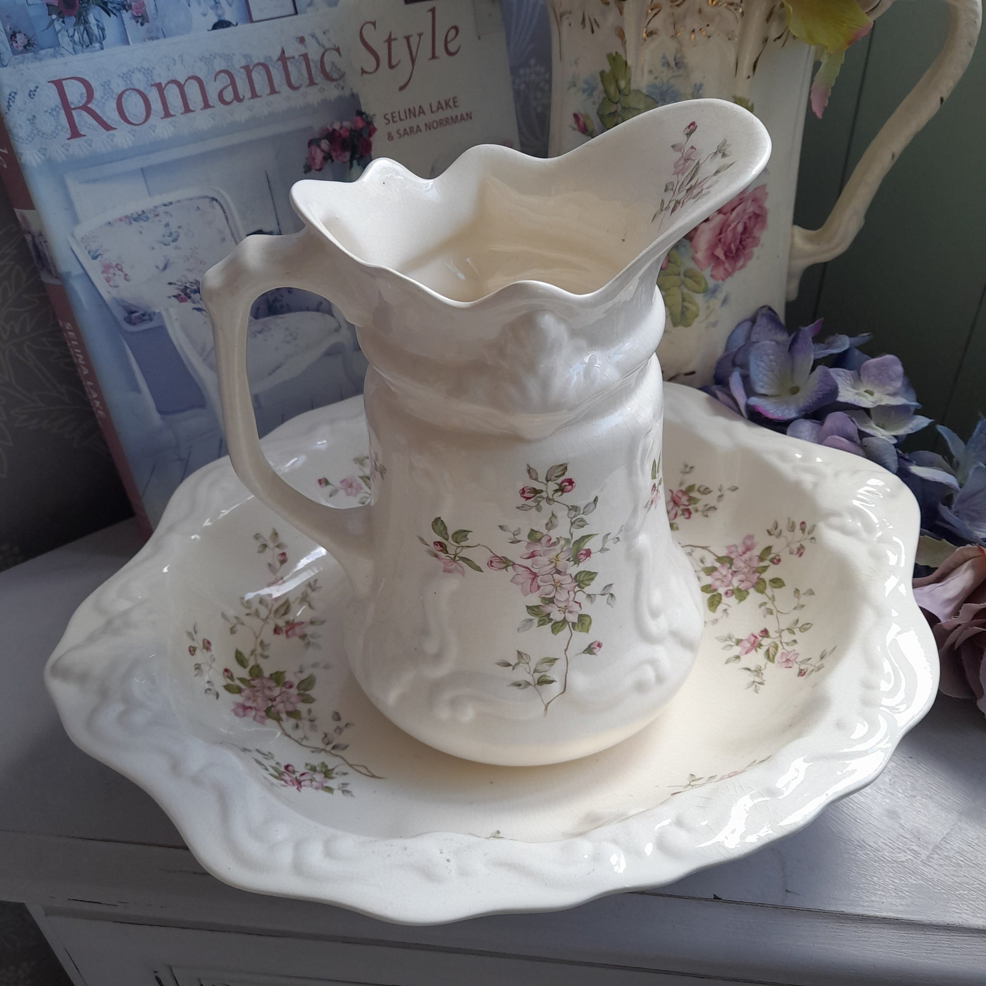 Victorian Small Ironstone Jug & Bowl With Pink Roses Detail