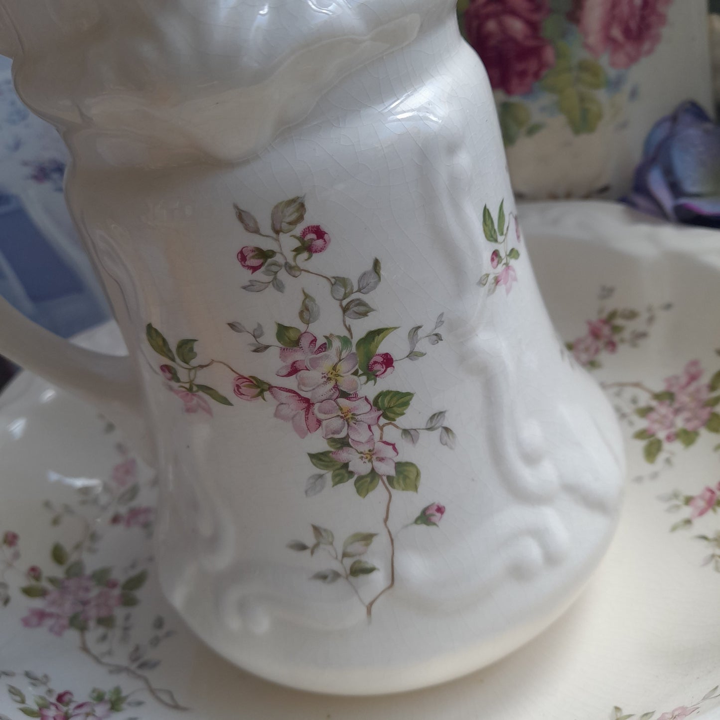 Victorian Small Ironstone Jug & Bowl With Pink Roses Detail