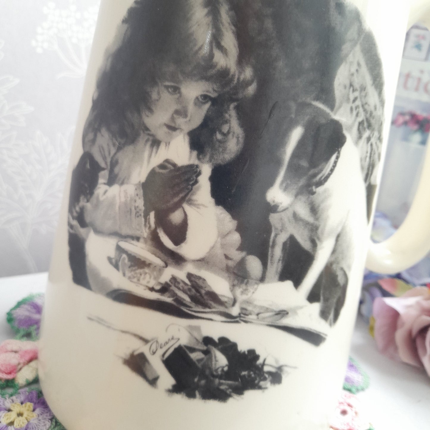 Darling Large Vintage Cream Jug With Jack Russell Dog & Little Girl Praying