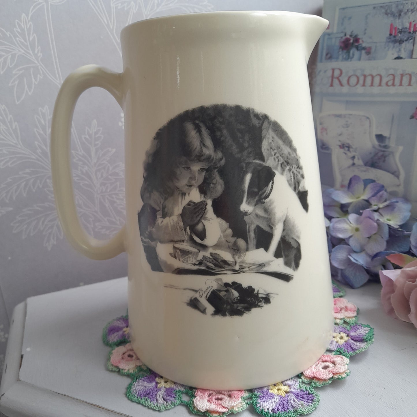 Darling Large Vintage Cream Jug With Jack Russell Dog & Little Girl Praying