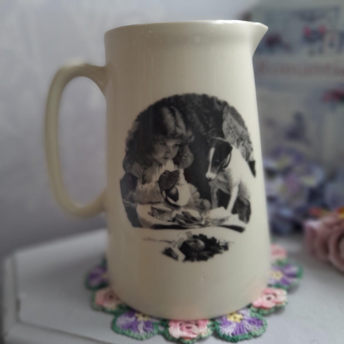 Darling Large Vintage Cream Jug With Jack Russell Dog & Little Girl Praying