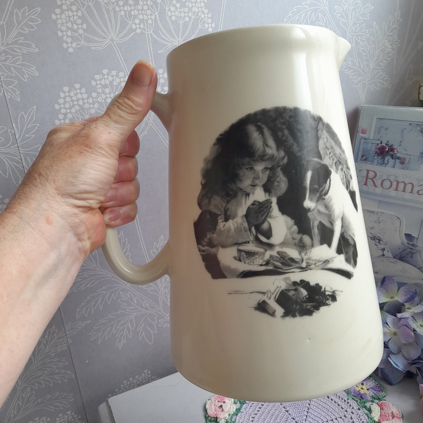 Darling Large Vintage Cream Jug With Jack Russell Dog & Little Girl Praying