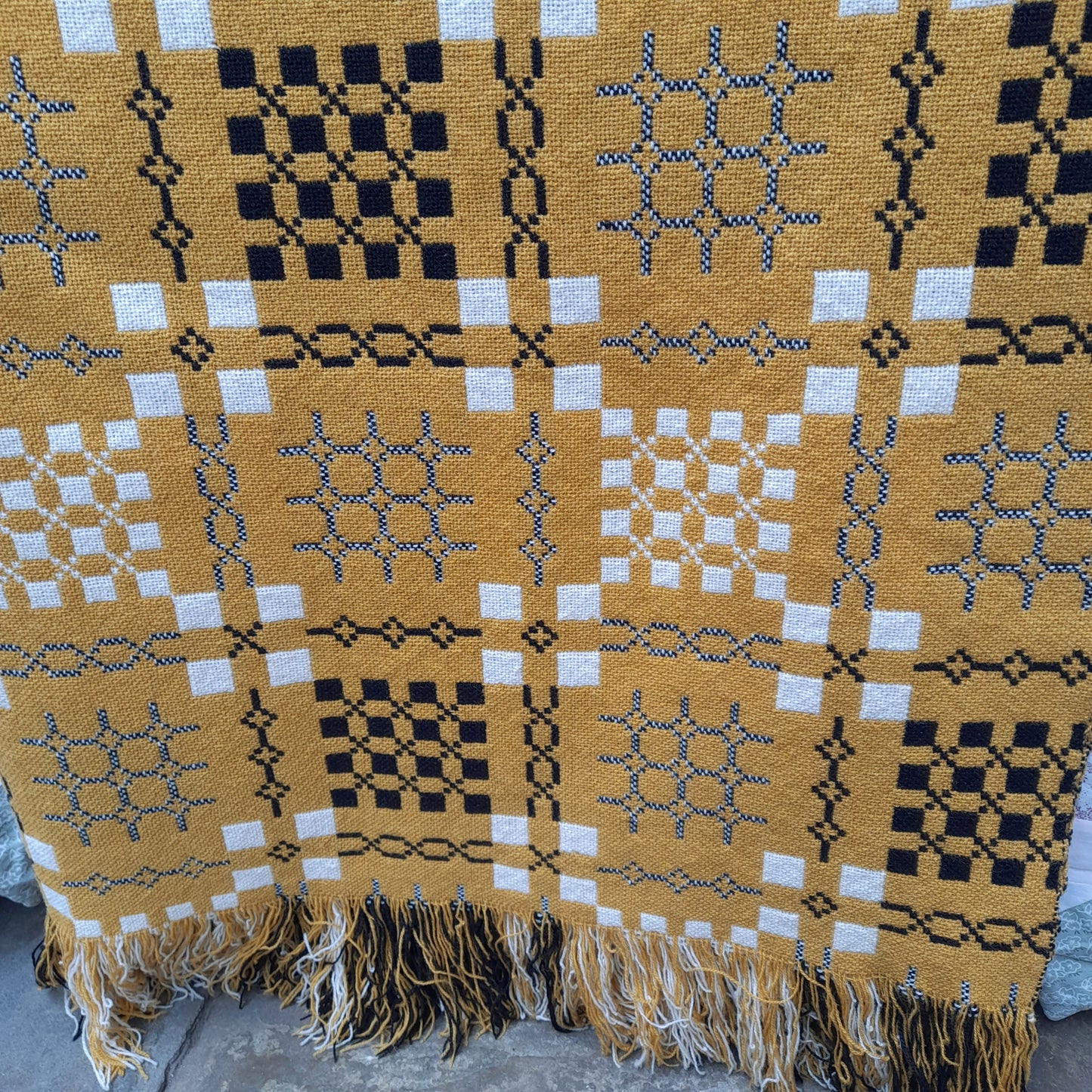 Vintage Welsh Wool Tapestry Blanket in Mustard & Black