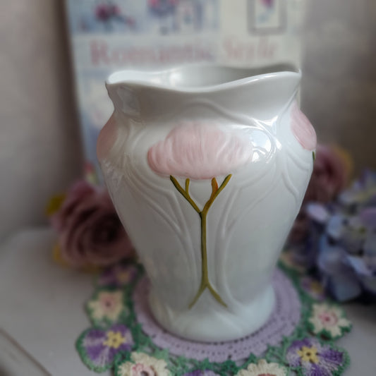 Darling Art Nouveau White Vase With Pink Flowers & Raised Relief Detail