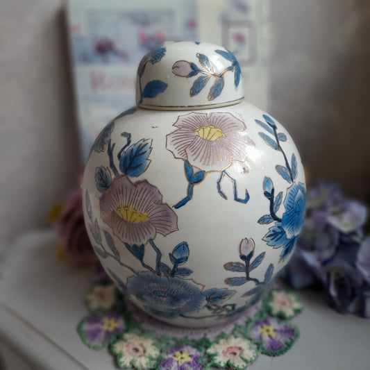 Large Antique Chinese Ginger Jar With Lid In Pink & Blue Blossom