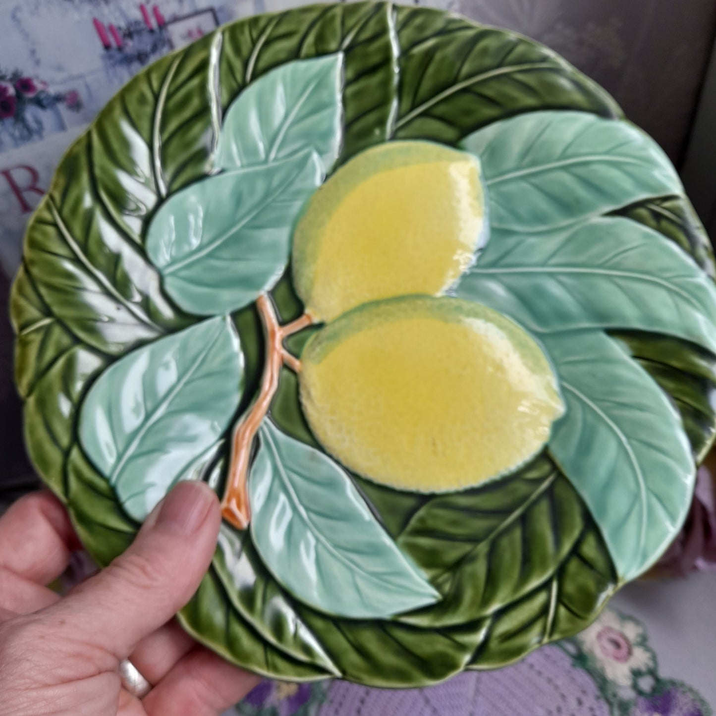 Antique Majolica Green Cabbage Leaf Relief Lemon Plate 8"