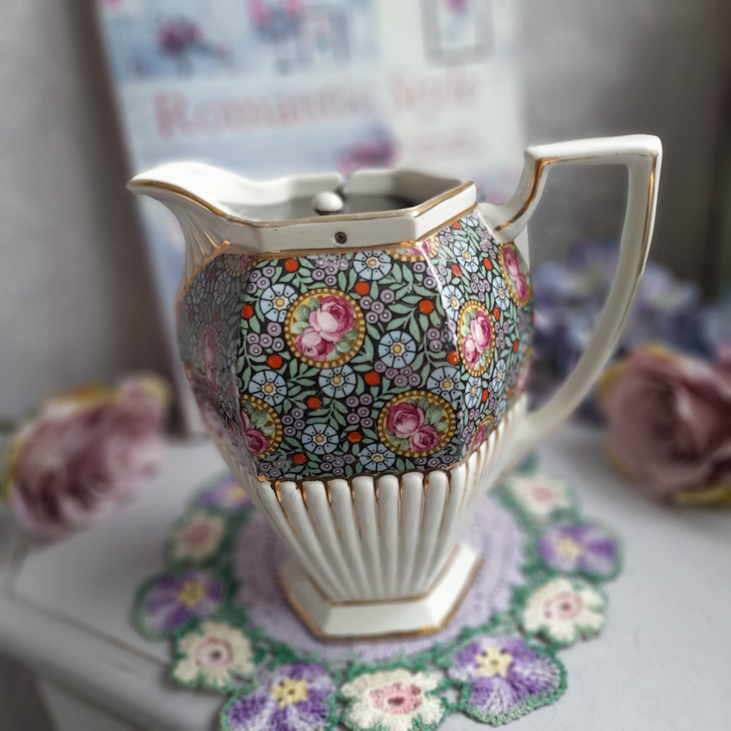 Antique Victorian Hexagonal Hot Water Jug With Hinged Pewter Lid Chintz Flowers Gold Detail