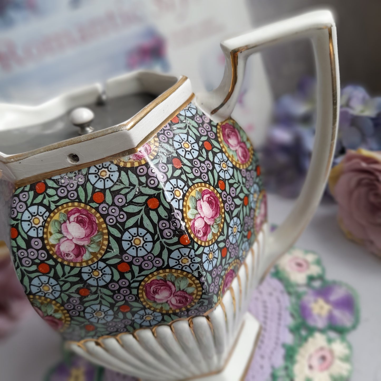 Antique Victorian Hexagonal Hot Water Jug With Hinged Pewter Lid Chintz Flowers Gold Detail