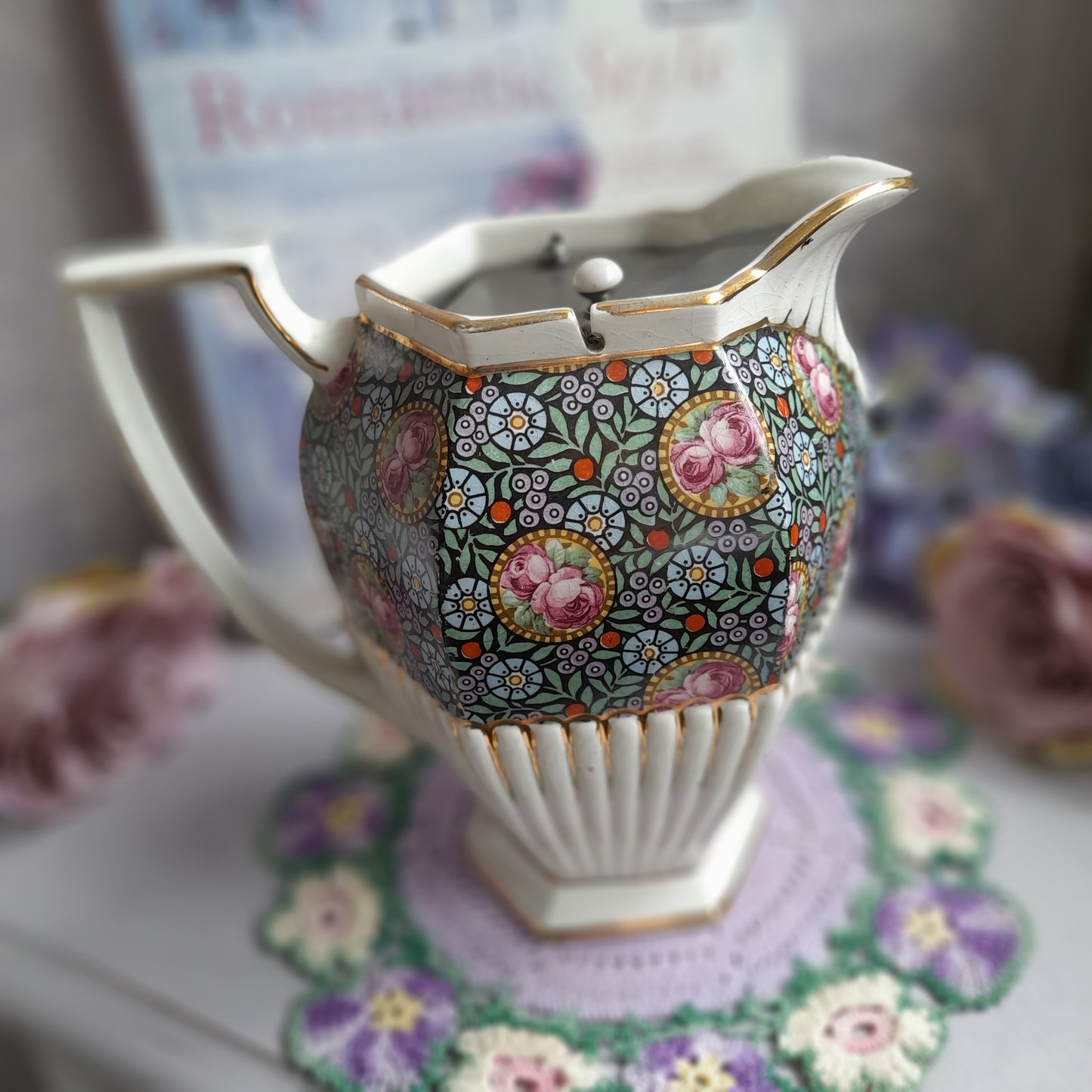 Antique Victorian Hexagonal Hot Water Jug With Hinged Pewter Lid Chintz Flowers Gold Detail