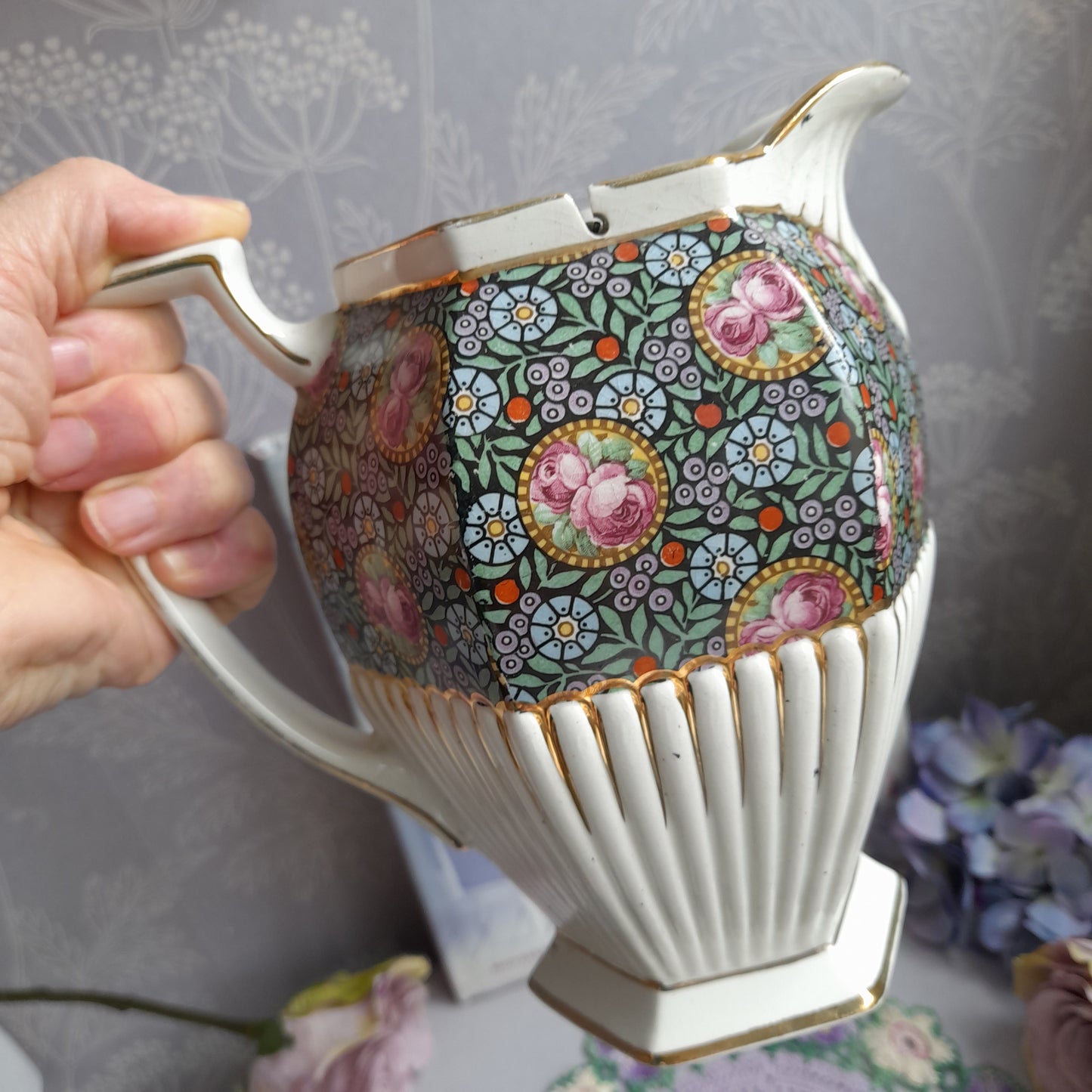 Antique Victorian Hexagonal Hot Water Jug With Hinged Pewter Lid Chintz Flowers Gold Detail