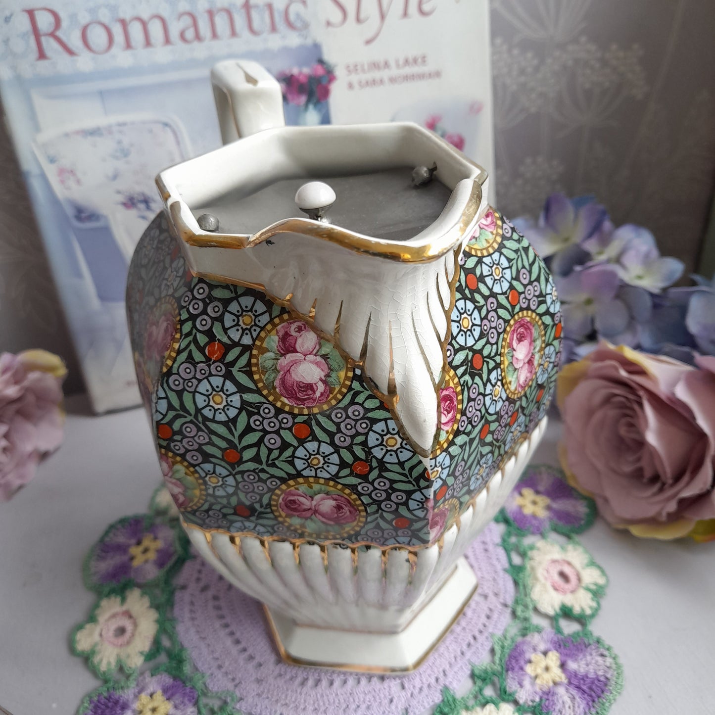 Antique Victorian Hexagonal Hot Water Jug With Hinged Pewter Lid Chintz Flowers Gold Detail