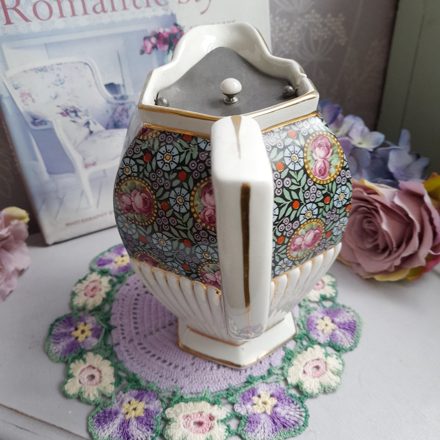 Antique Victorian Hexagonal Hot Water Jug With Hinged Pewter Lid Chintz Flowers Gold Detail