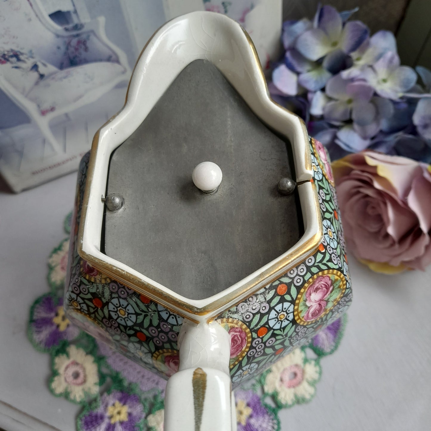 Antique Victorian Hexagonal Hot Water Jug With Hinged Pewter Lid Chintz Flowers Gold Detail