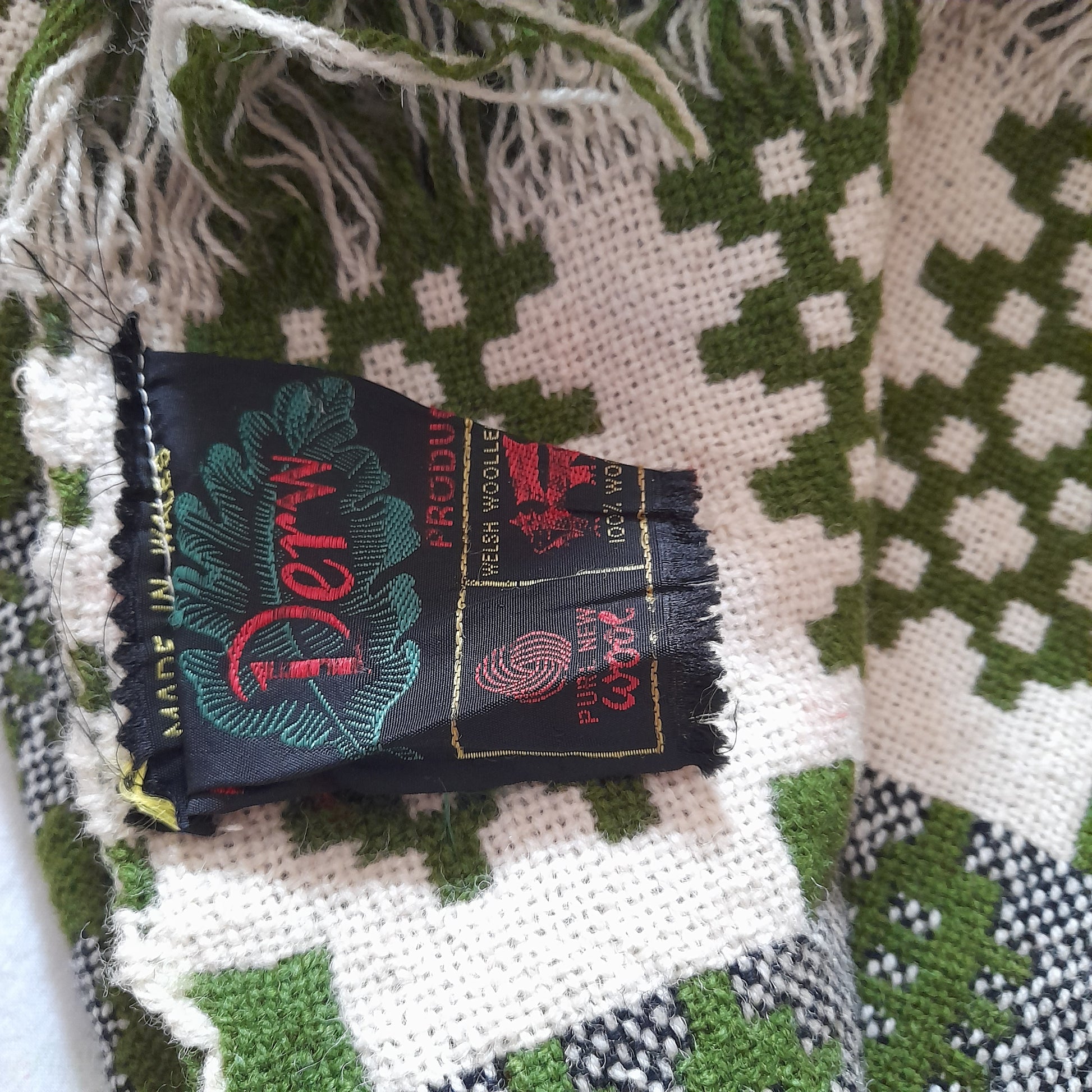 Vintage Welsh Wool Tapestry Blanket in Olive Green