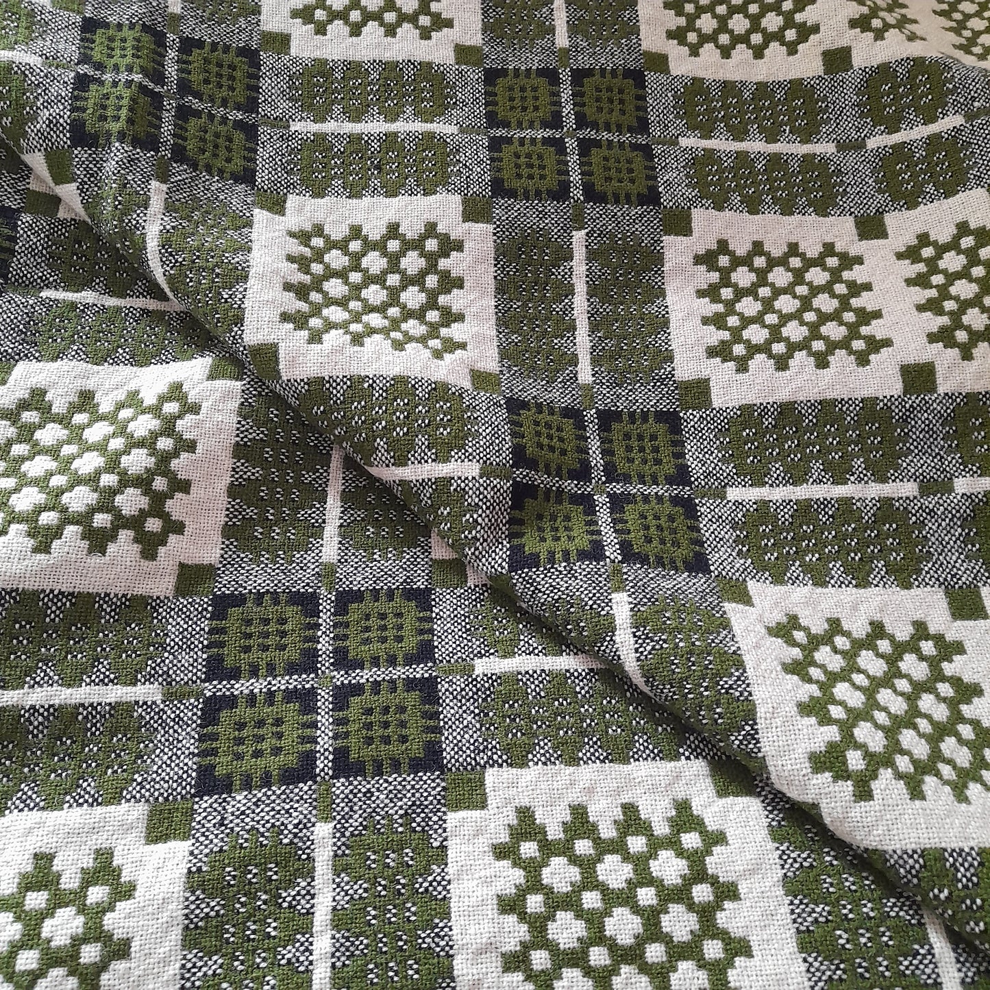 Vintage Welsh Wool Tapestry Blanket in Olive Green