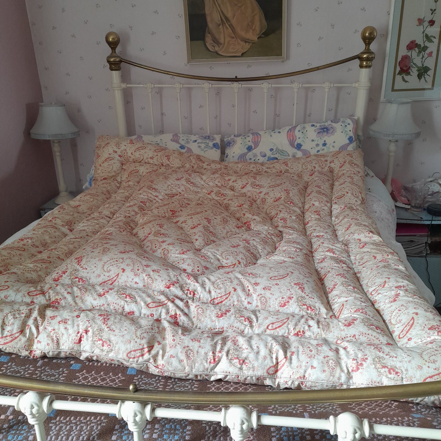 Vintage Eiderdown Quilt in Pale Gold Paisley & Pink Floral 1930s Bedspread