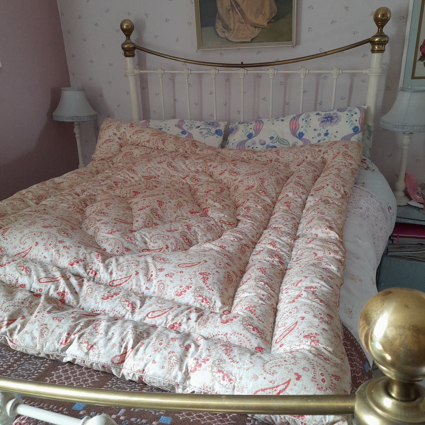 Vintage Eiderdown Quilt in Pale Gold Paisley & Pink Floral 1930s Bedspread