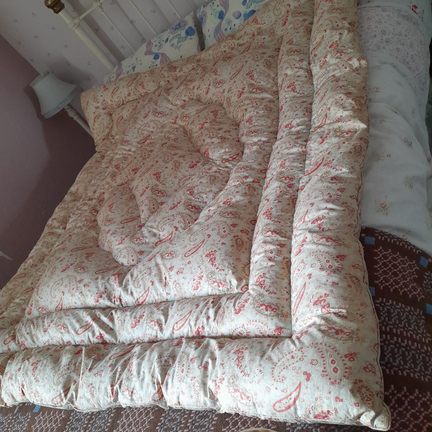 Vintage Eiderdown Quilt in Pale Gold Paisley & Pink Floral 1930s Bedspread