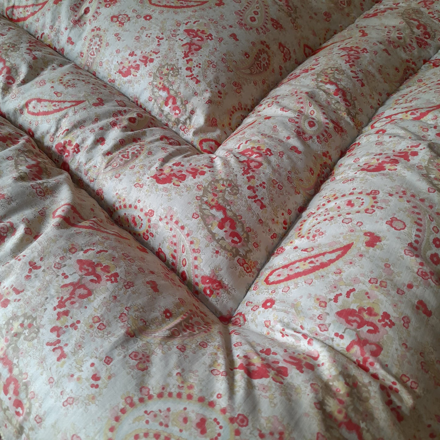 Vintage Eiderdown Quilt in Pale Gold Paisley & Pink Floral 1930s Bedspread