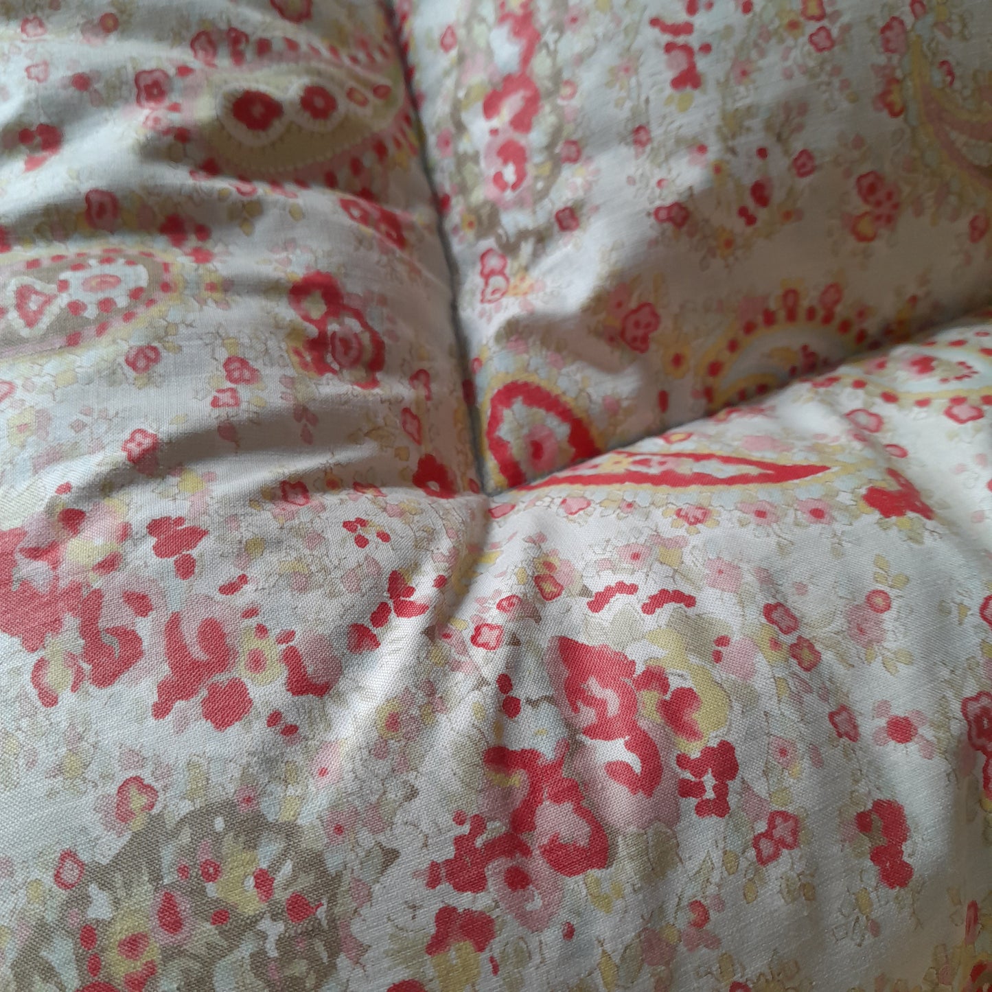 Vintage Eiderdown Quilt in Pale Gold Paisley & Pink Floral 1930s Bedspread