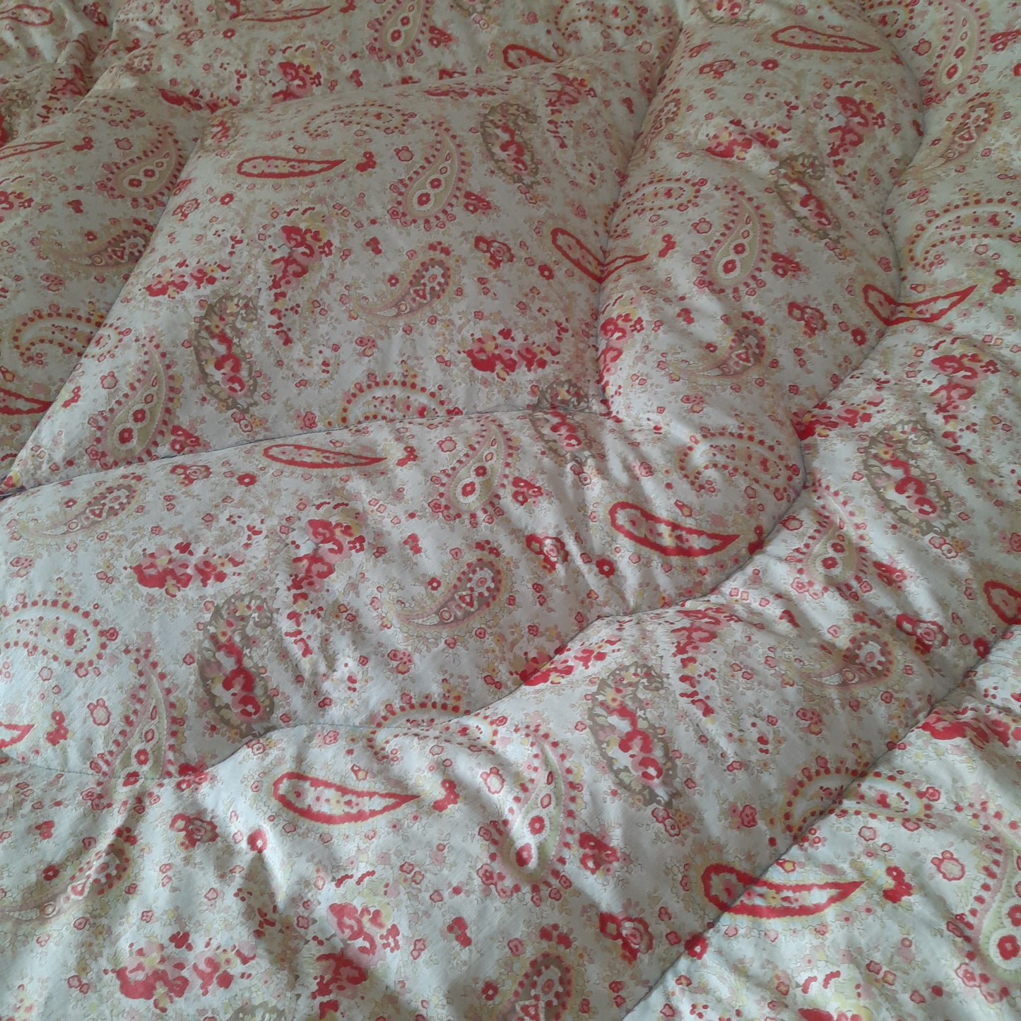 Vintage Eiderdown Quilt in Pale Gold Paisley & Pink Floral 1930s Bedspread