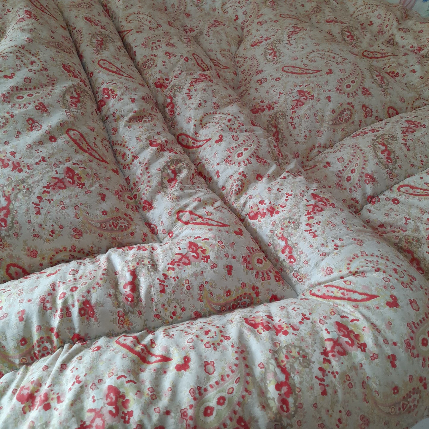 Vintage Eiderdown Quilt in Pale Gold Paisley & Pink Floral 1930s Bedspread