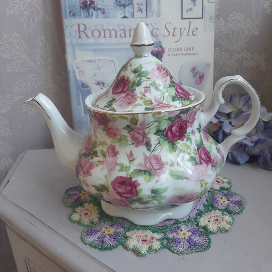 Pretty Vintage Heron Cross Pottery Teapot in Pink Roses Chintz Design