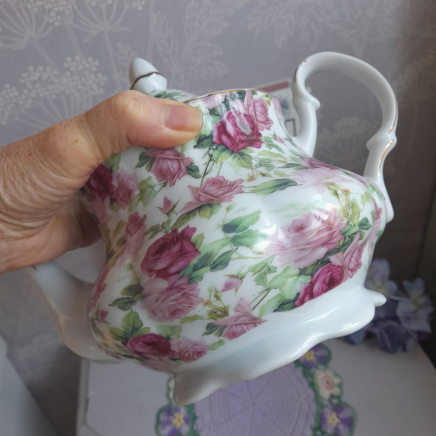 Pretty Vintage Heron Cross Pottery Teapot in Pink Roses Chintz Design