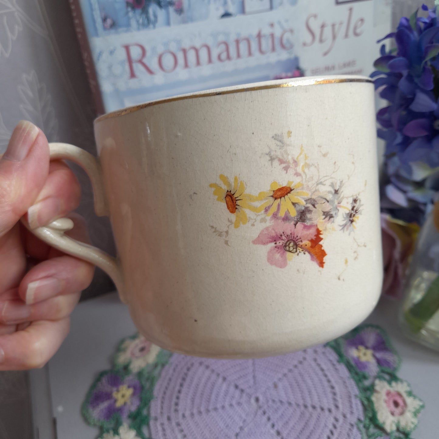 Darling Antique Victorian Floral Large Oversize Mug With Pink Flowers & Gold Detail