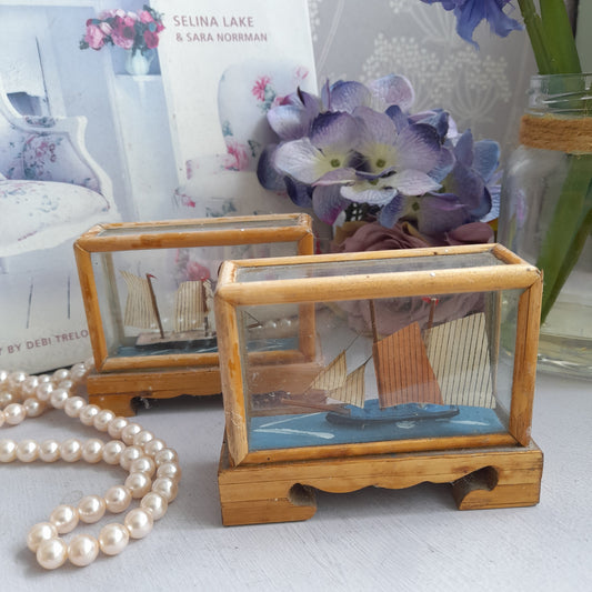 Darling Pair of 1950s Miniature Sailing Boat Ships in Bamboo & Glass Case