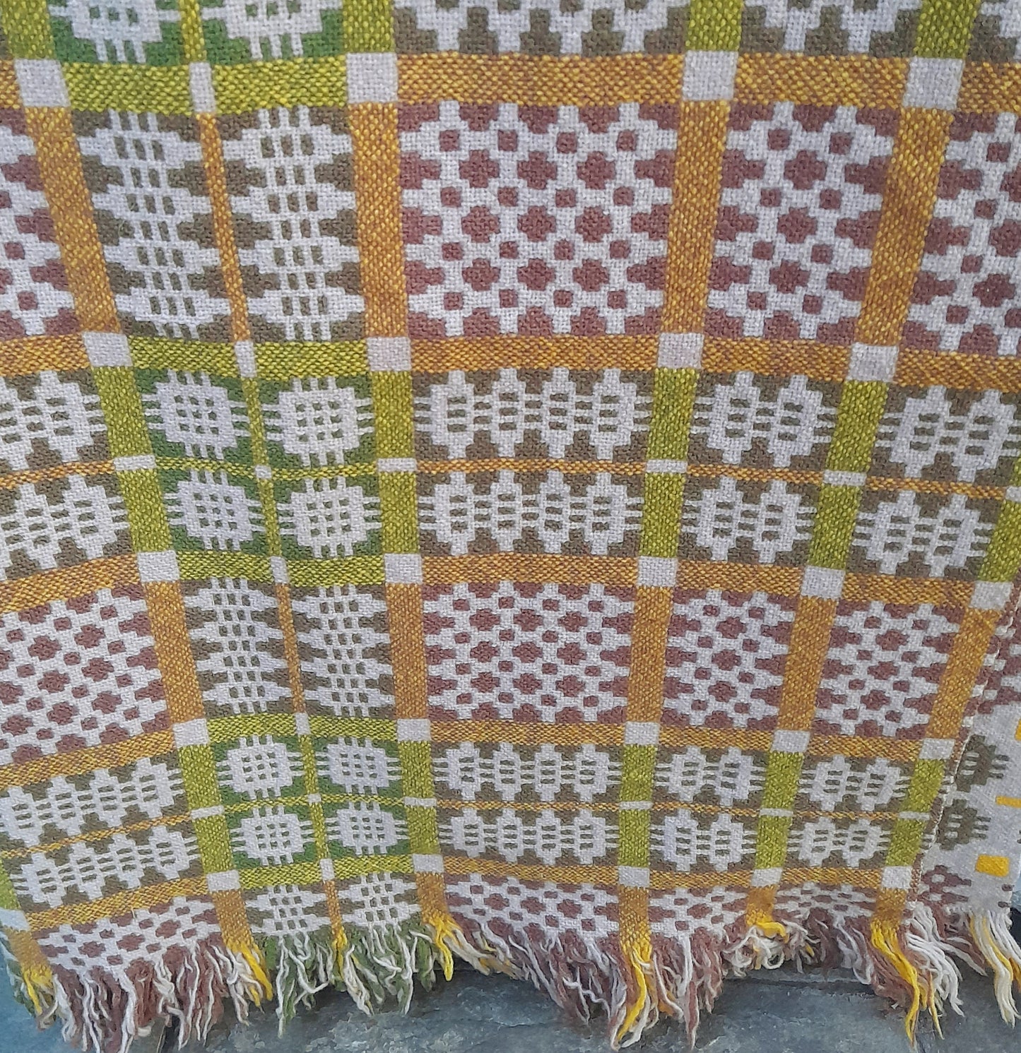 Vintage Welsh Tapestry Blanket in Green Cream Taupe & Pop of Yellow