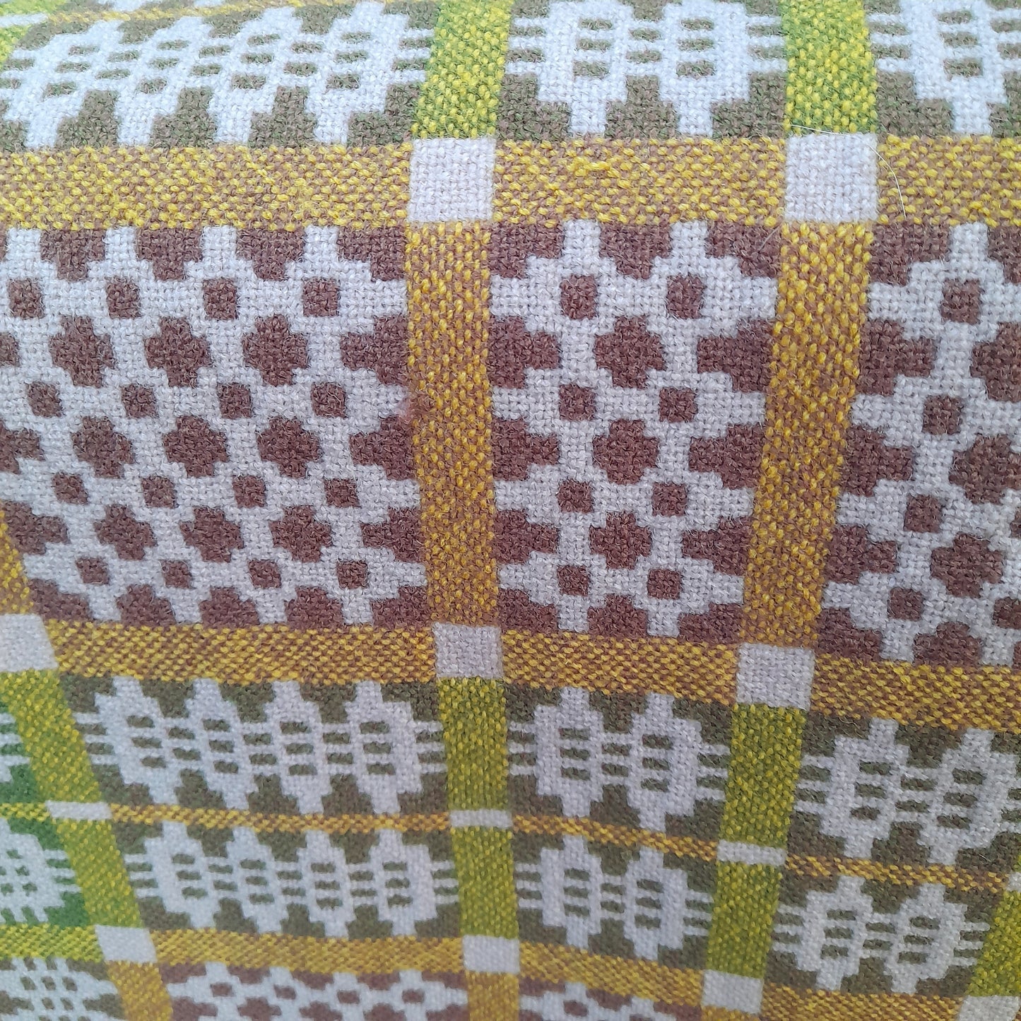 Vintage Welsh Tapestry Blanket in Green Cream Taupe & Pop of Yellow